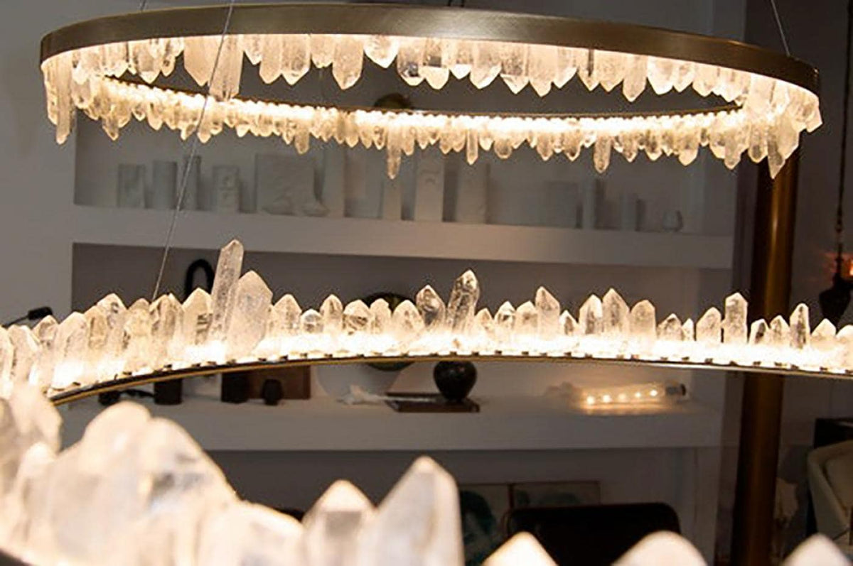 36 Inch Round Modern Chandelier Brass & Clear Geode Quartz Crystal Hanging Light