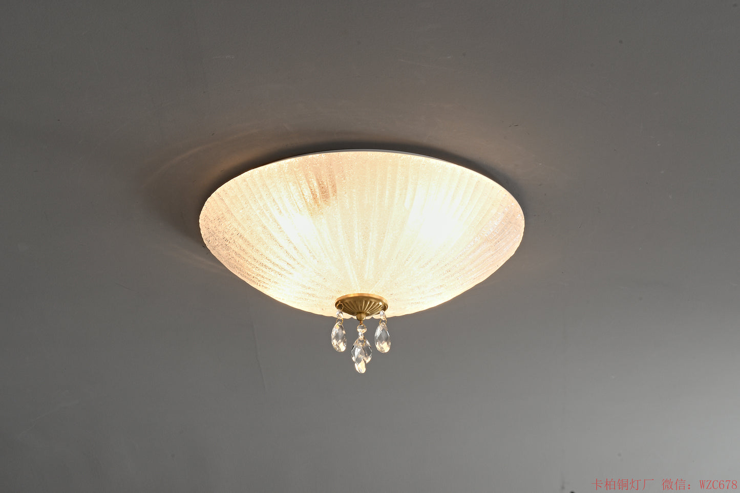 Brass crystal ceiling light with glass shade