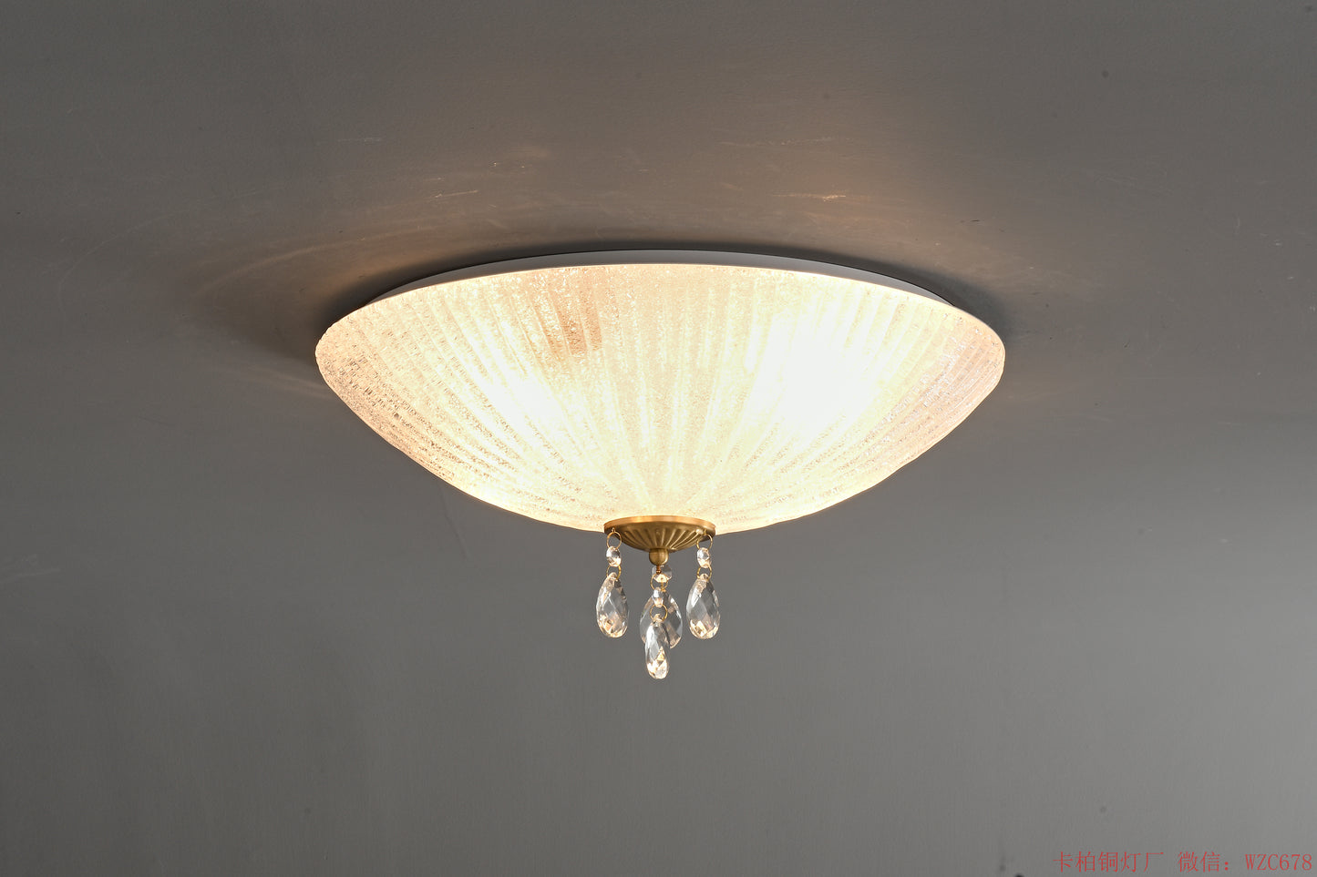 Brass crystal ceiling light with glass shade