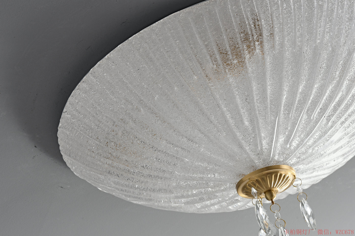 Brass crystal ceiling light with glass shade