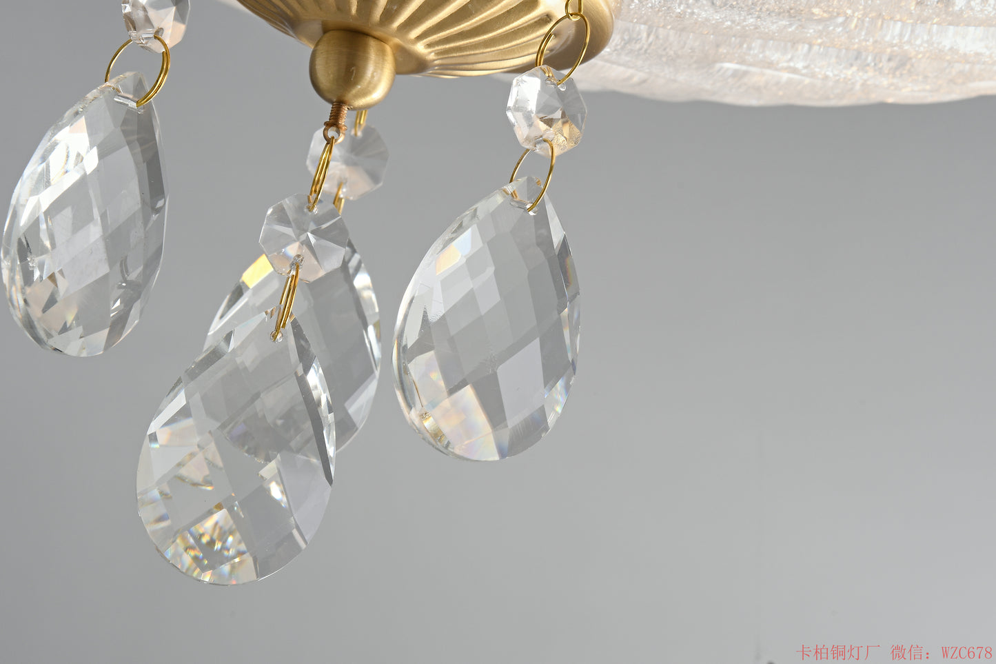 Brass crystal ceiling light with glass shade