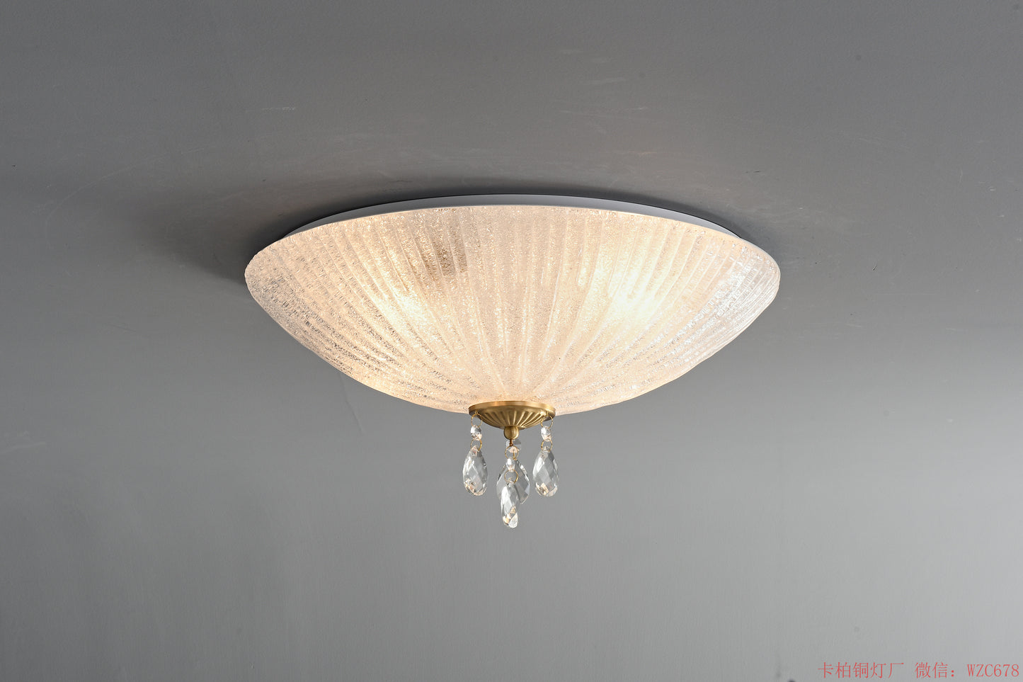 Brass crystal ceiling light with glass shade
