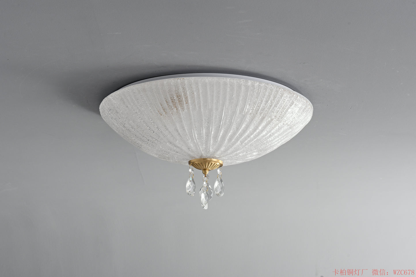 Brass crystal ceiling light with glass shade