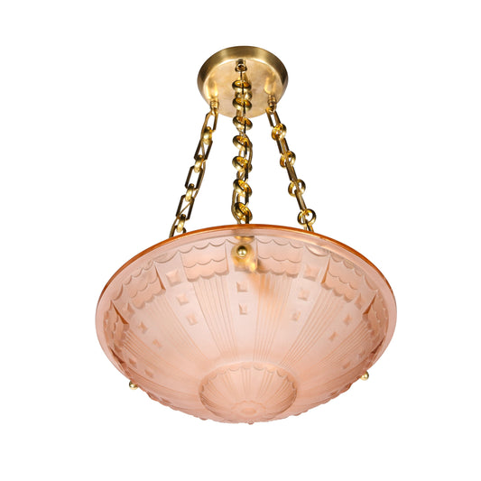 Art Deco Cubist Style Pendant Chandelier in Frosted Rose with Brass Fittings