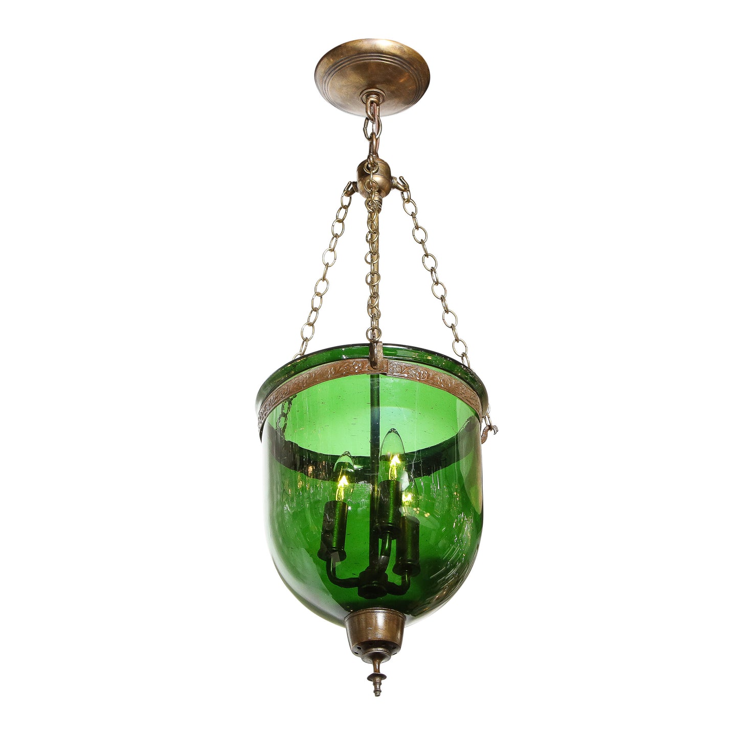 19th Century Classical Russian Emerald Glass Domed Pendant with Bronze Fittings