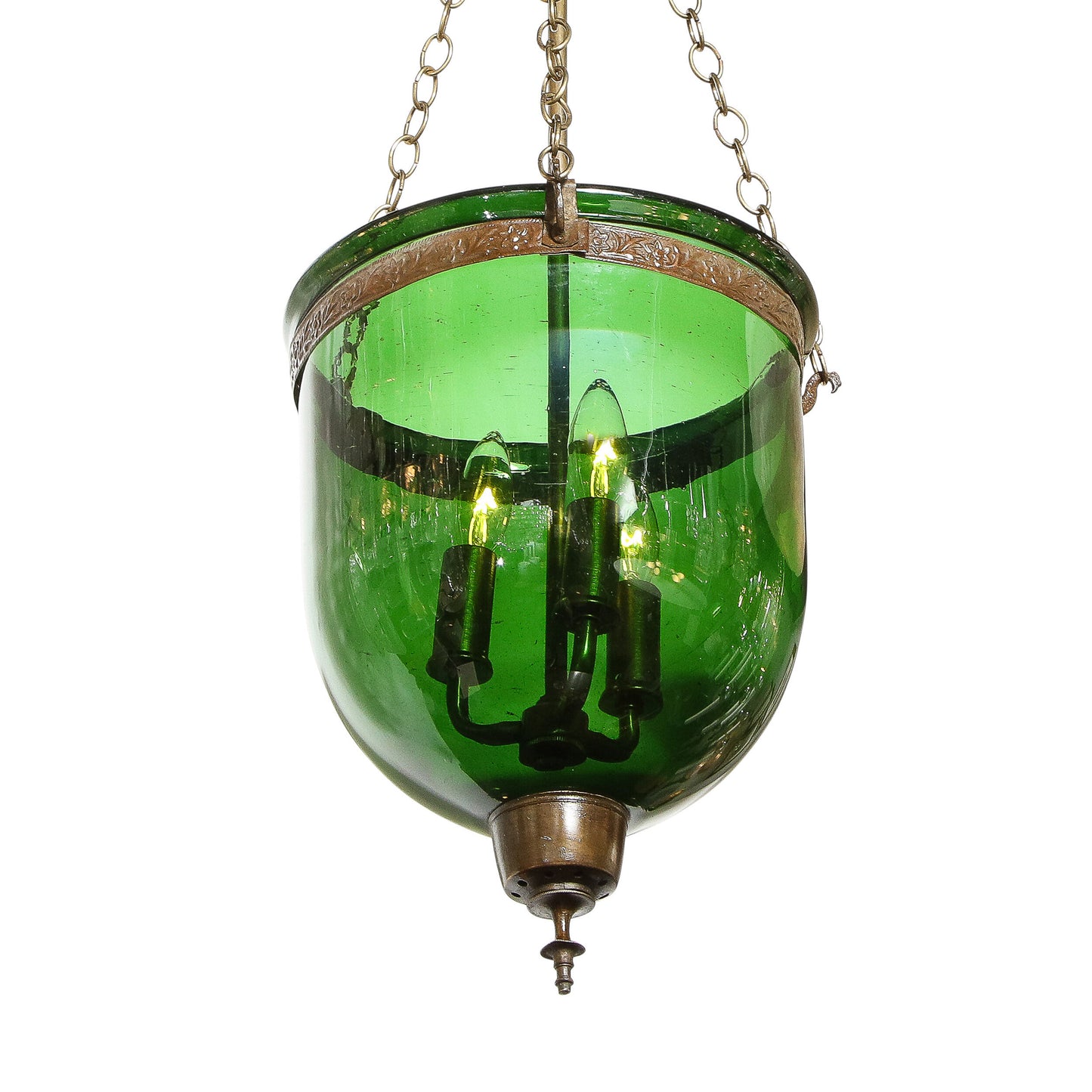 19th Century Classical Russian Emerald Glass Domed Pendant with Bronze Fittings