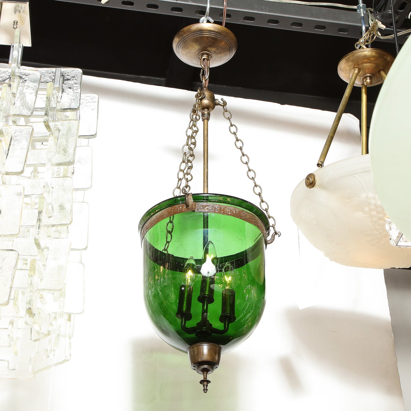 19th Century Classical Russian Emerald Glass Domed Pendant with Bronze Fittings