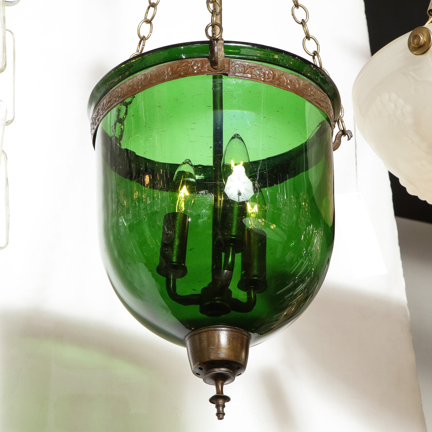 19th Century Classical Russian Emerald Glass Domed Pendant with Bronze Fittings