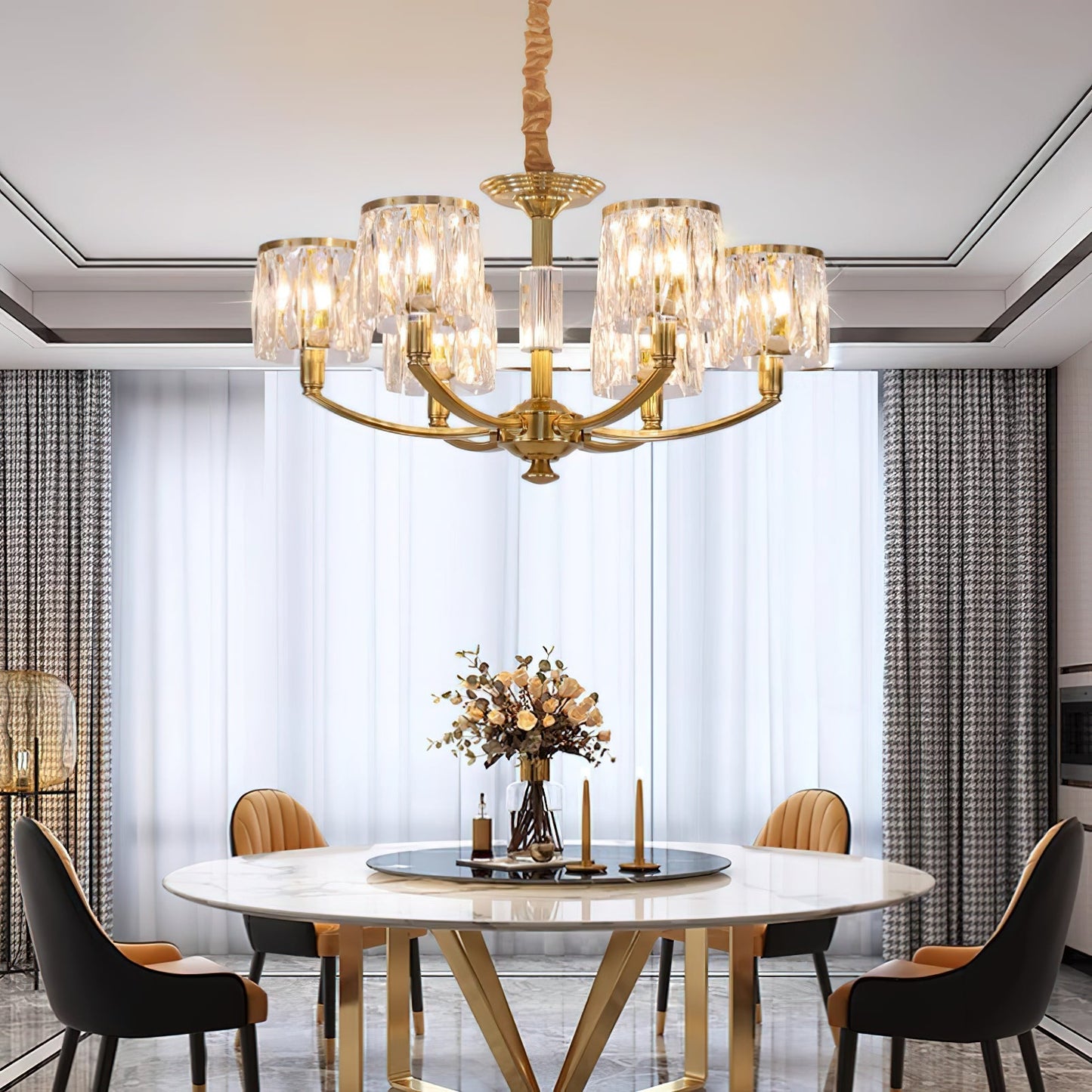 Crystal Column Brass Chandelier