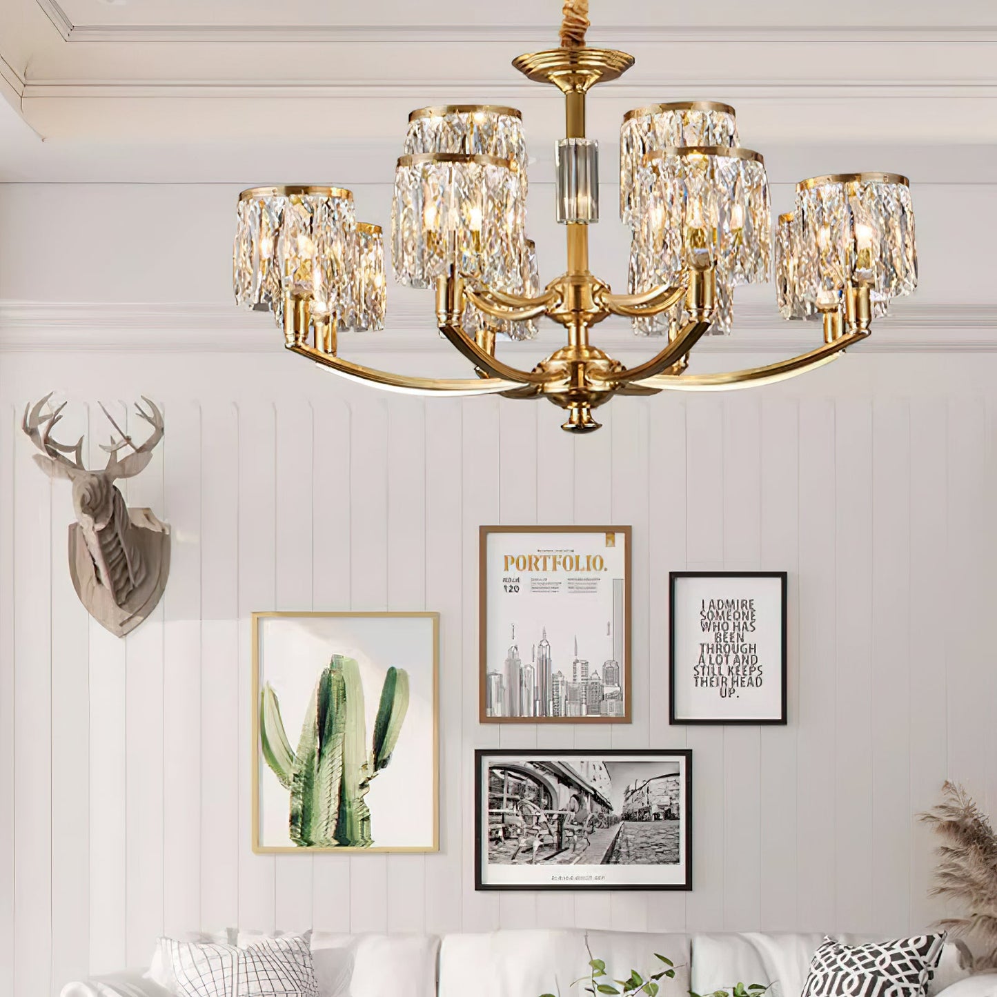 Crystal Column Brass Chandelier