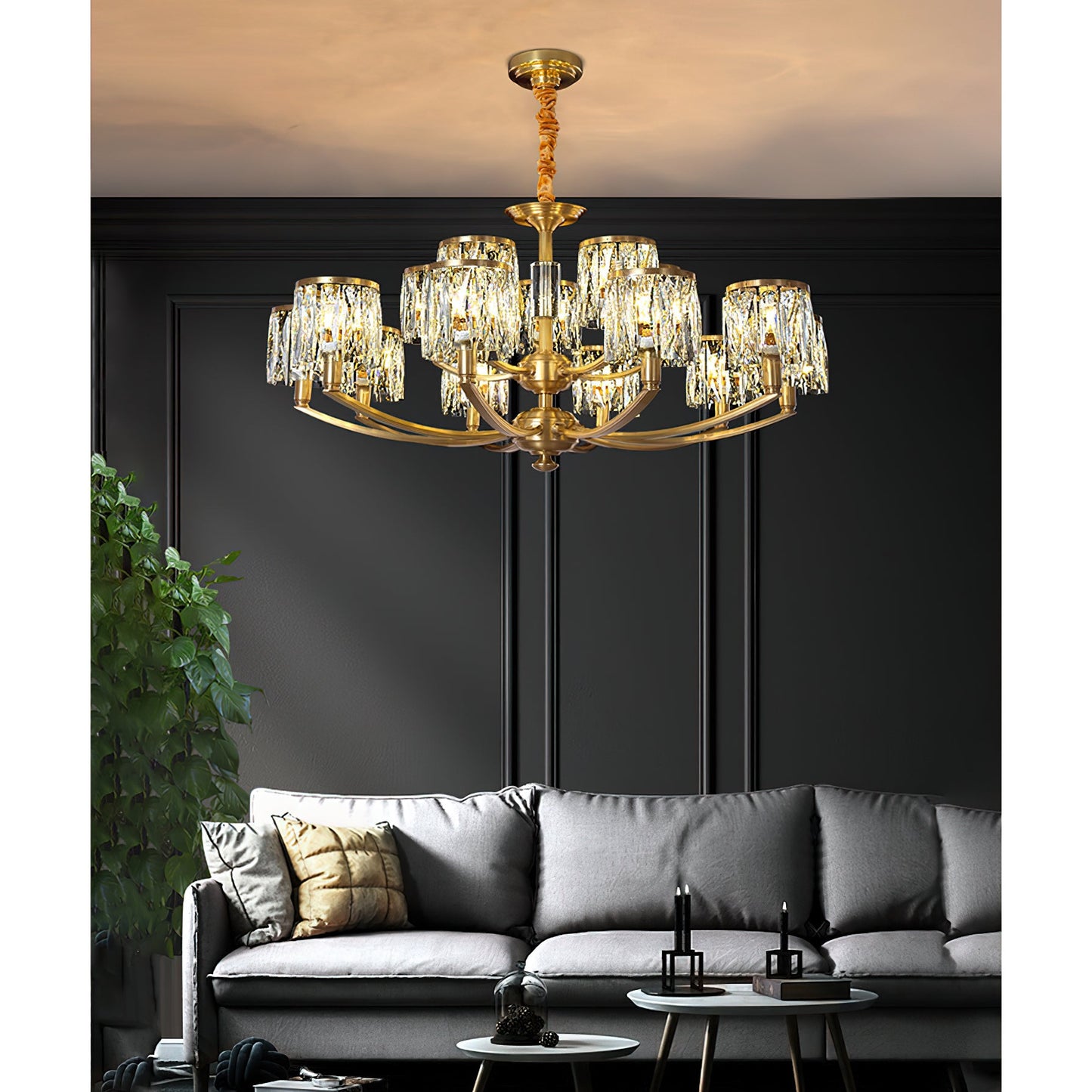 Crystal Column Brass Chandelier