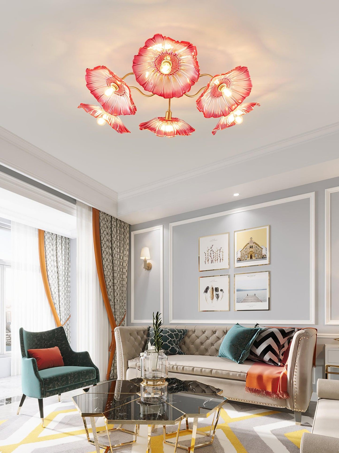 Glass Ceiling Lamp with Lotus Leaf Design