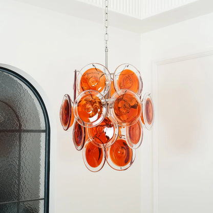 Vintage Murano Orange Transparent Disc Chandelier