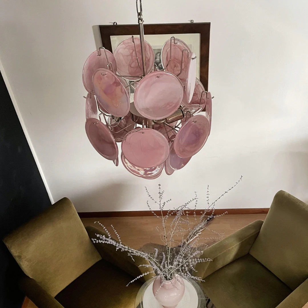 Vintage Murano Pink Glass Disks Chandelier